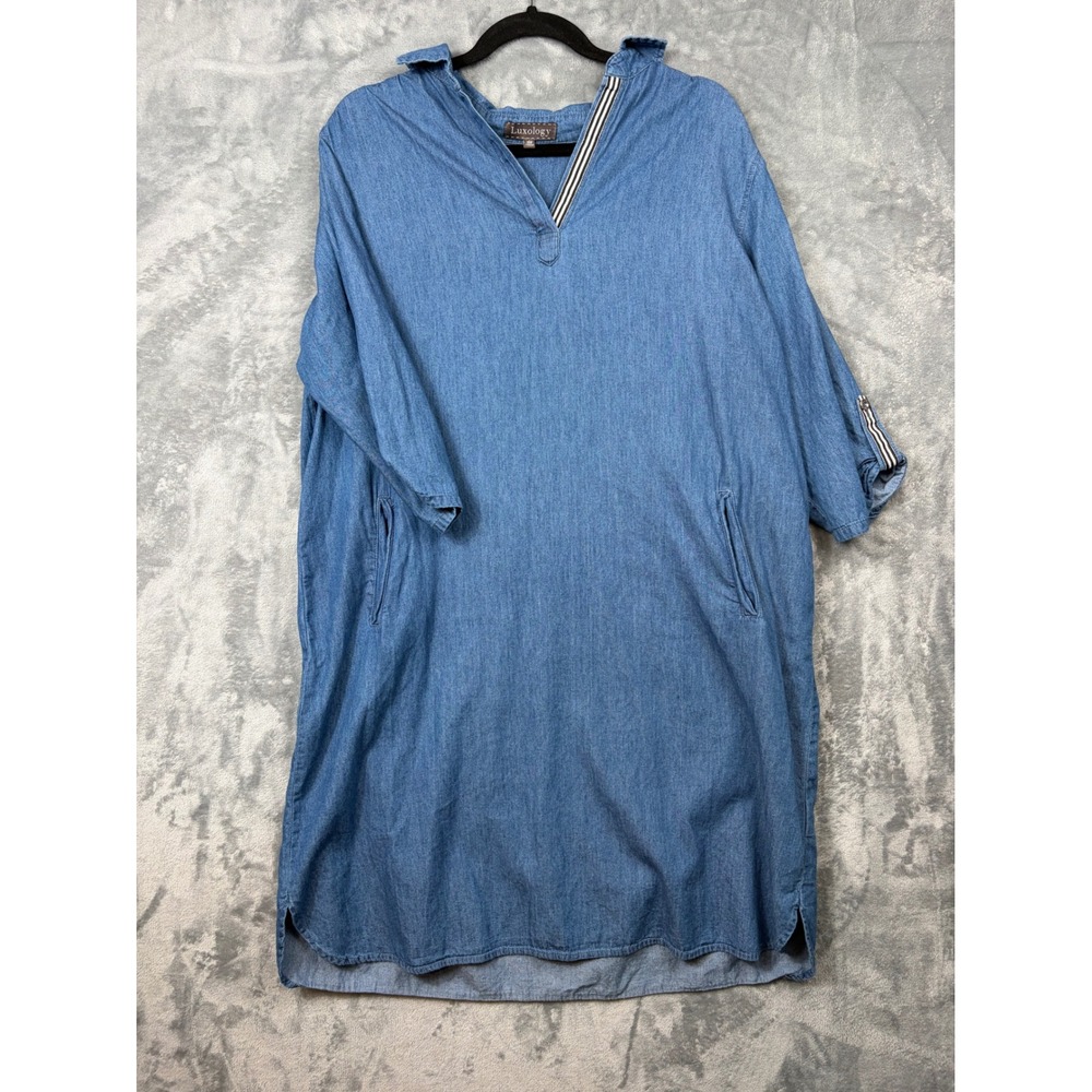 Luxology Womens Blue Denim Chambray Shift Dress Striped Trim Pockets Plus 14W